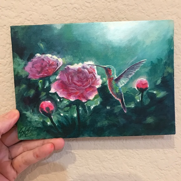 Hand Crafted Other - Hummingbird peonies original painting collectible art artwork by Artettina